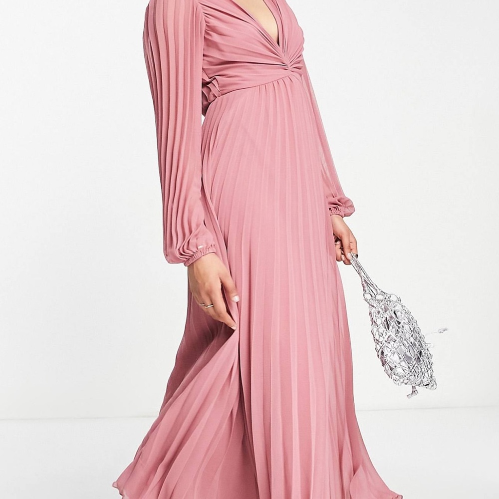 Asos Design Pleated Bodice Plunge Neck Midi Dress in Rose - Picture 4 of 8
